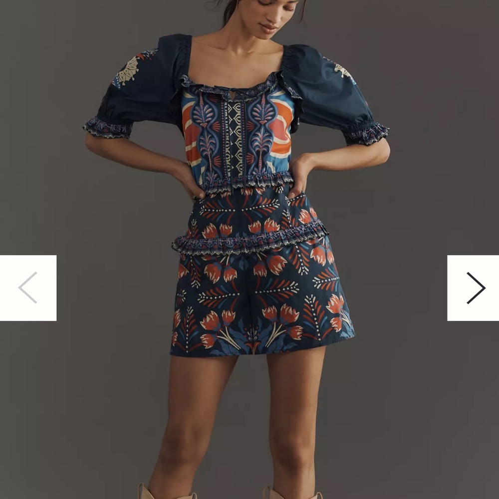 Farm Rio x Anthropologie Puff-Sleeve Ruffled Floral Romper